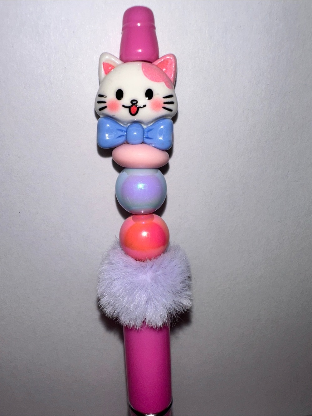 Kawaii Cat Bead Pink Pen with Pom Pom